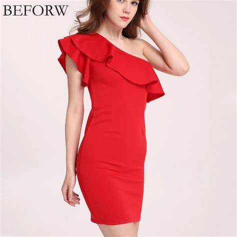 Beforw Sexy Women Dress Dresses Sexy Shoulder Flouncing Package Hip Slim Solid Color Fashion