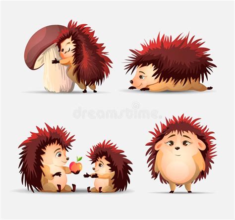 Vector Set Of Cute Cartoon Hedgehogs Apple And Mushroom Vector