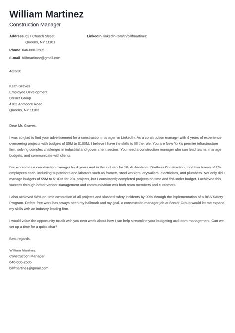 Construction Cover Letter Examples And Writing Guide