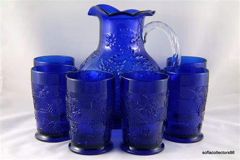 Mosser Glass Cobalt Blue Grape And Floral Pattern Pitcher Jug Etsy