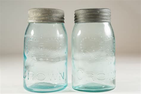 4 Vintage Crown Canning Mason Jars With Blue Glass And Zinc Lid Made