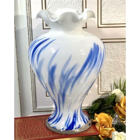 Hand Blown Glass Vase Italian Murano Blue And White Lavorazione Arte Chairish