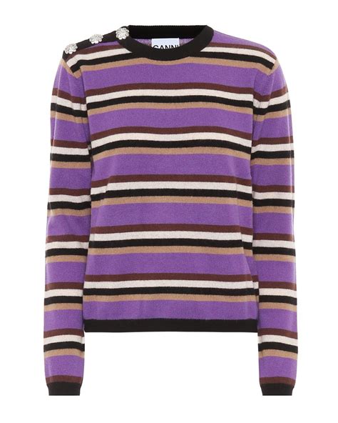 Ganni Embellished Striped Cashmere Sweater In Purple Lyst