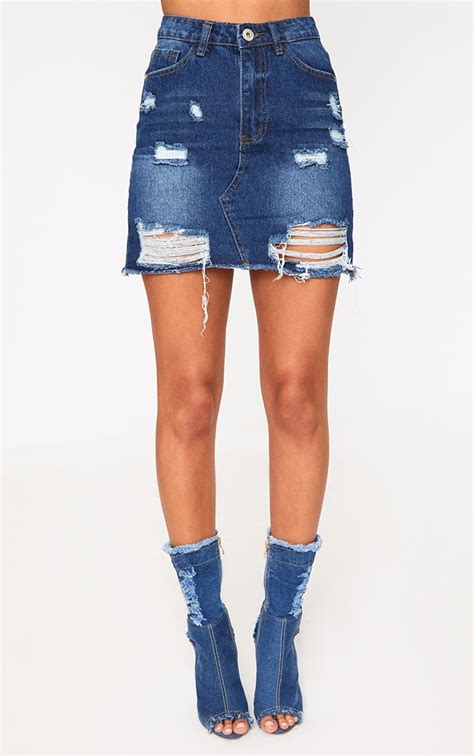 Mid Wash Extreme Rip Denim Mini Skirt Denim Prettylittlething