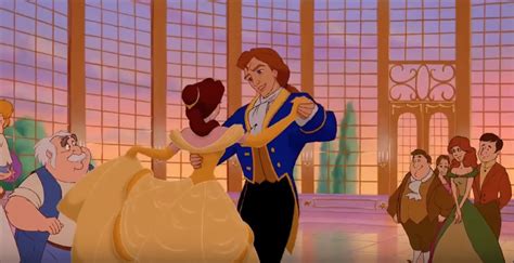 Belle And Prince Adam Dancing In A Romantic Waltz In The Ballroom