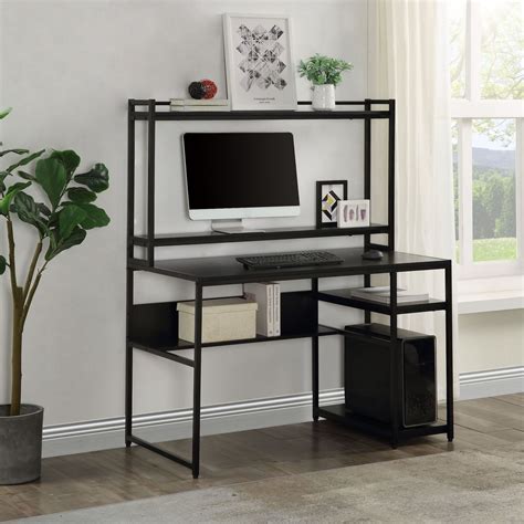 Computer Desk With Shelf Above And Removable Monitor Riser Stand Black