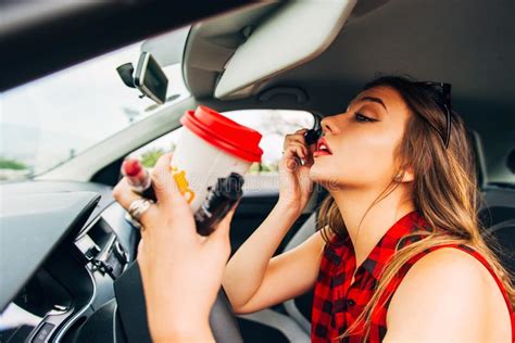 Reckless Woman Putting Mascara In Car Stock Image Image Of Model Mirror 143750801