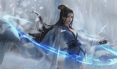 wallpaper allen hsieh drawing women dark hair asian hair accessories weapon sword blue