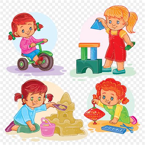 Playing Toys Vector Hd Images Set Icons Small Girls Playing With Toys