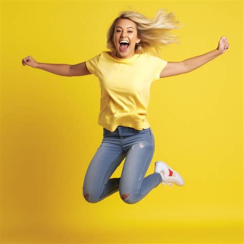 Premium Ai Image Vibrant And Happy Smiling Blonde Girl Jumping In