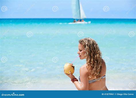 Portrait Of Woman Relaxing With Cocktail At Cuban Beach Stock Image Image Of Happy Beverage