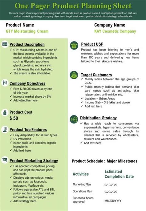 One Pager Product Research Planning Sheet Presentation Report