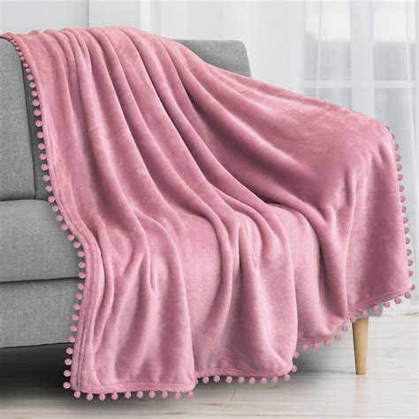 Pavilia Pom Pom Blanket Throw Blush Light Pink Soft Fleece Pompom