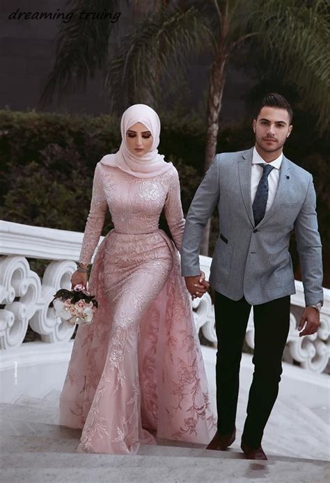 Muslim Style Mermaid Pink Wedding Dresses With Hijab Saudi