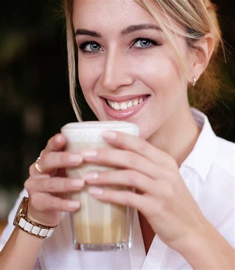 Woman Drinking Coffee In The Morning At Restaurant Stock Photo Image