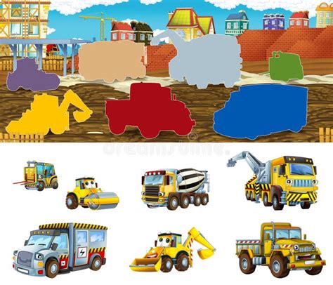 Cartoon Scene With Different Construction Site Vehicles Illustration