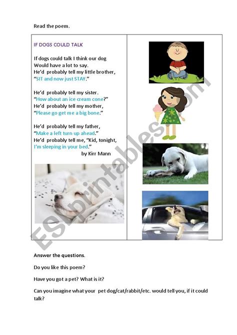 English Worksheets If Dogs Could Talk A Poem