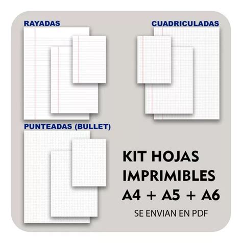 Kit Imprimible Hojas A4 A5 A6 Rayadas Cuadriculadas Bullet