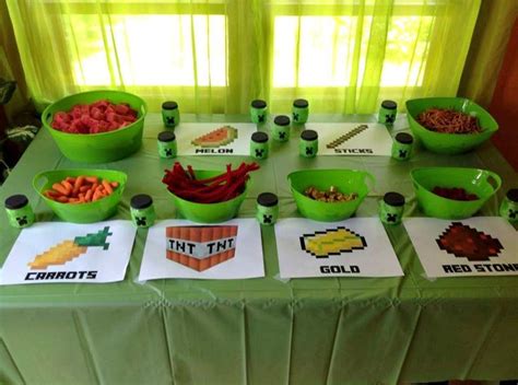 Minecraft Themed Birthday Party Buffet Of Minecraft Inspired Snacks