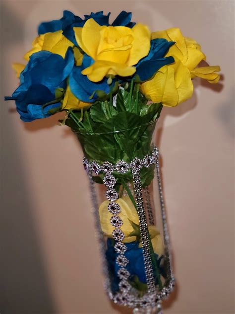Yellow And Blue Artificial Flowers With The Bling A Vase Etsy