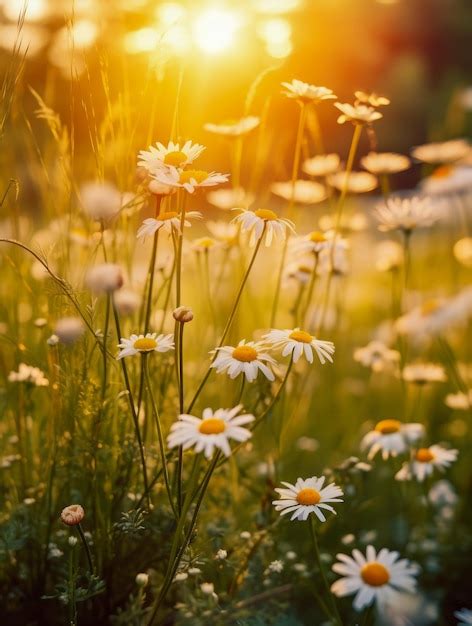Premium Ai Image Chamomile Meadow Blooming Under The Setting Sun