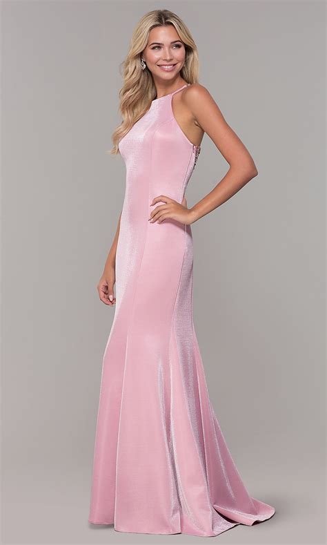 Designer Long Metallic Mauve Pink Prom Dress Promgirl