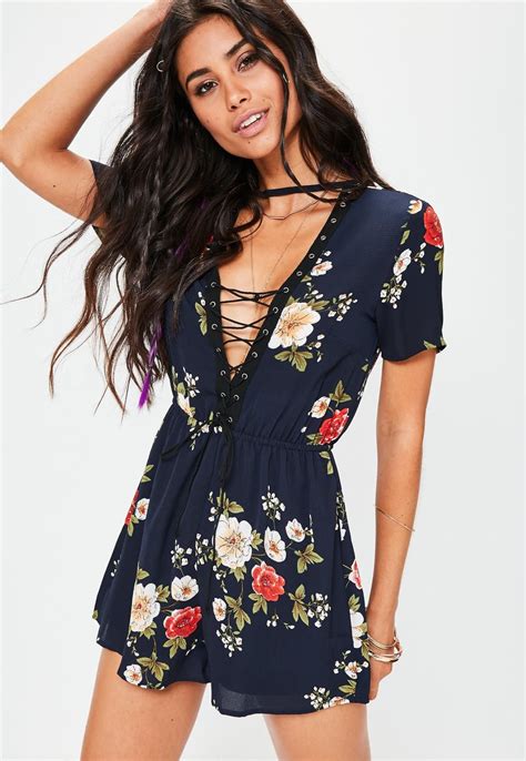 Missguided Navy Floral Lace Up Front Floral Playsuit Floral