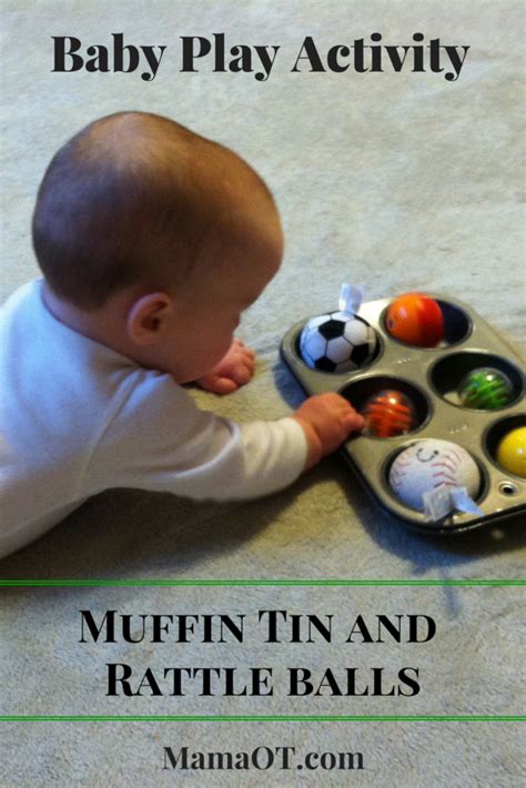 Roll balls back and forth. Baby Play Activity with Muffin Tin and Rattle Balls