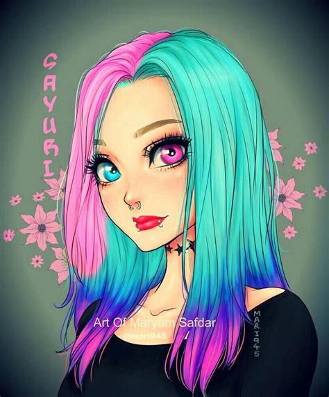 pink and blue hair cartoon