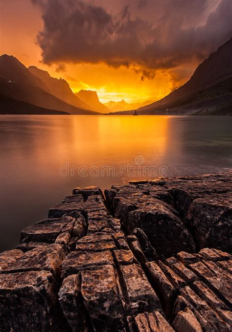 Sunset At St Mary Lake Glacier National Park Mt Stock Photo Image