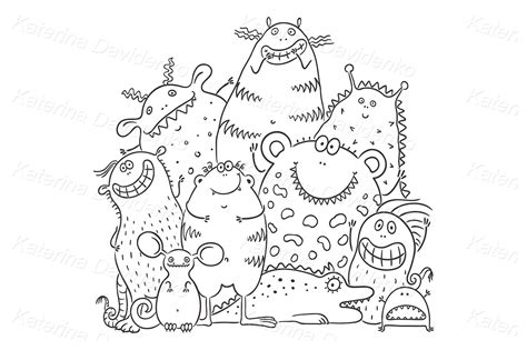 Outline Vector Illustration Happy Cartoon Monsters