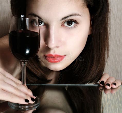 Beautiful Woman With Glass Red Wine Stock Image Image Of Beautiful