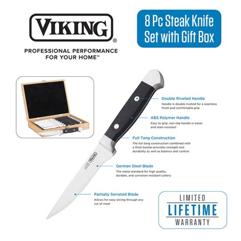 Viking Steakhouse 8 Piece Steak Knife Set With T Box Viking