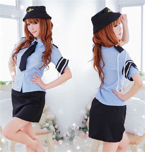 Sexy Lingerie Club Cosplay Policewoman Uniform Hat Blue Shirt Black