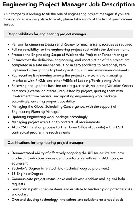 Engineering Project Manager Job Description Velvet Jobs