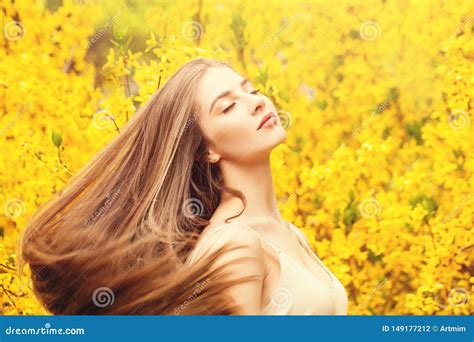 Woman With Blowing Hair Portrait Beautiful Girl On Fantasy Background
