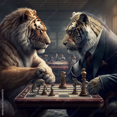 Lion And Tiger In Suit Playing Chess Ultrarealistic Very Detailed