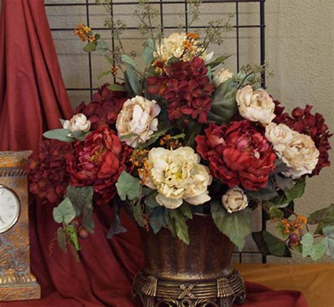 Silk Flower Arrangement Peonies And Hydrangeas In Antiqued Scallop