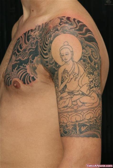 Grey Ink Flaming Buddha Chest Tattoo