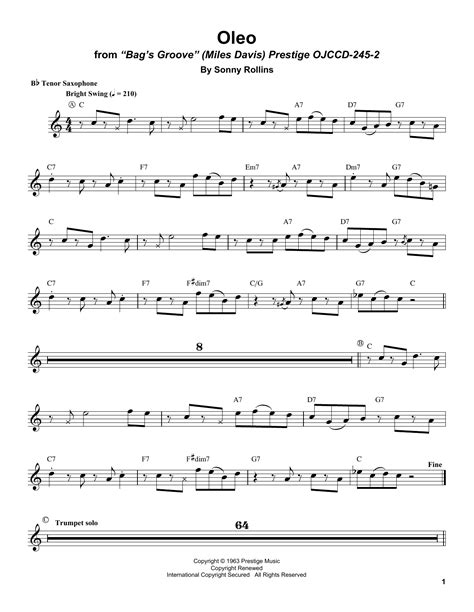 Oleo Sheet Music Sonny Rollins Tenor Sax Transcription