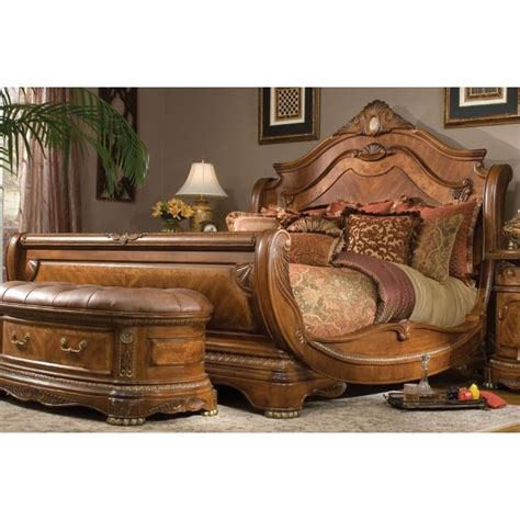 A marble crest tops the headboard with luxurious style. Cortina Sleigh Bed | Sleigh bedroom set, Bedroom furniture ...