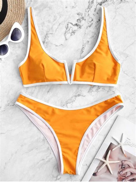 63 Off 2021 Zaful Contrast Piping V Wired Bikini Swimsuit In Saffron