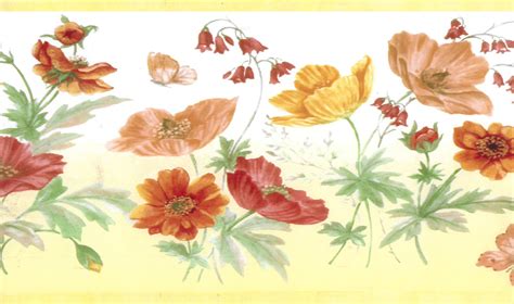 Prepasted Wallpaper Border Floral Yellow Green Red Meadow Flowers