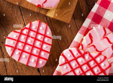 Homemade Pink Valentines Day Cookies Shaped Like A Heart Stock Photo