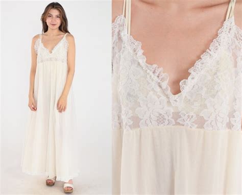70s White Nightgown Ruffle Lace Slip Dress Maxi Night Gem