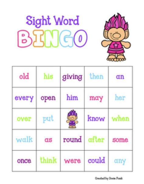 Trolls Sight Word Bingo 30 Cards Includes Bw Version Sight Word