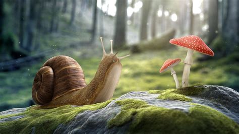 Digital Art Artwork Cgi 3d Nature Stones Snail Mushroom Trees