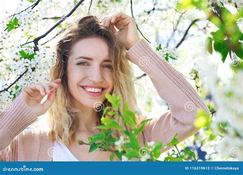 Attractive Young Woman Posing Near Blossoming Tree Stock Image Image