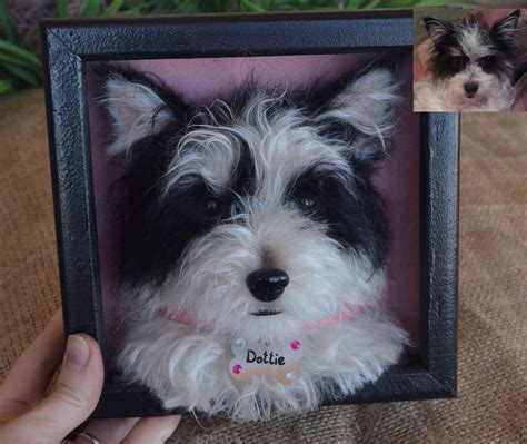 Dog Portrait Sculpture In Frame Needle Felted Dog Felt Pet Shadow Box