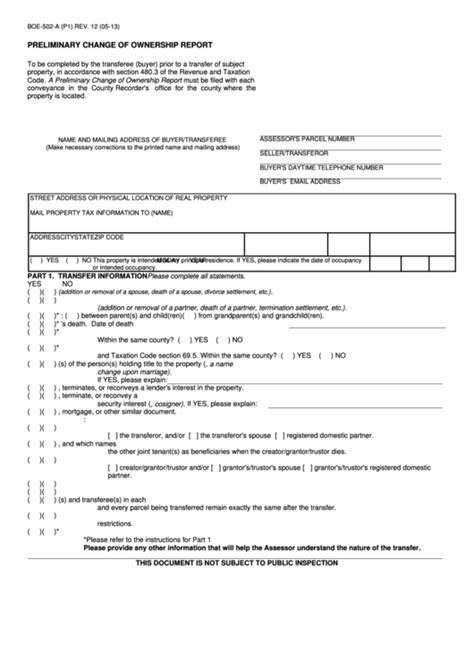 Form Boe 502 A P1 Preliminary Change Of Ownership Report 2013